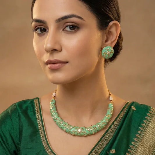 Green Kundan Enamel Meenakari Choker Necklace Set For Women