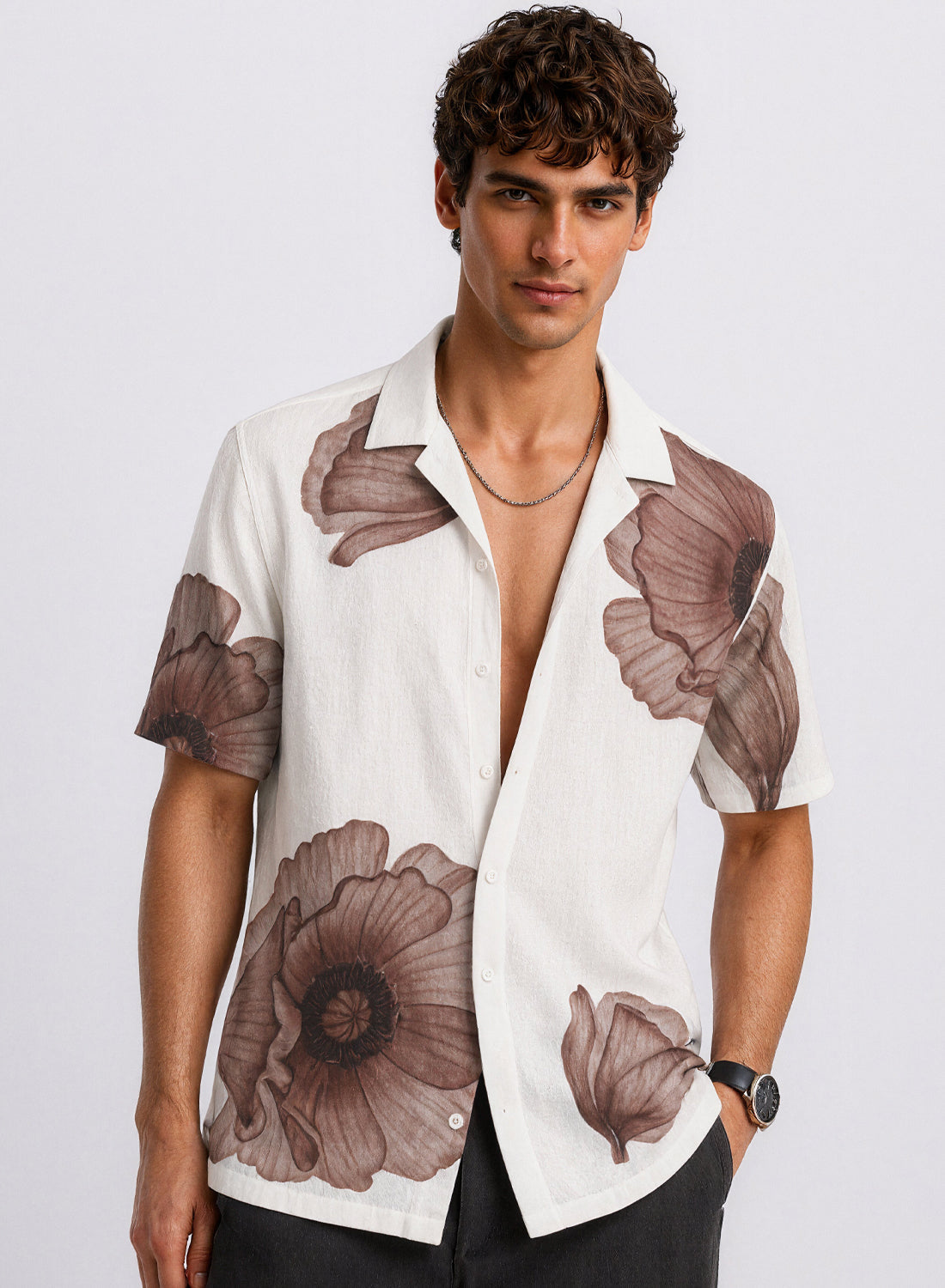 Adro Men’s Relaxed Fit Cuban Collar Cotton Linen Sepia Petal Printed Shirt – Off White Brown Sepia Brown
