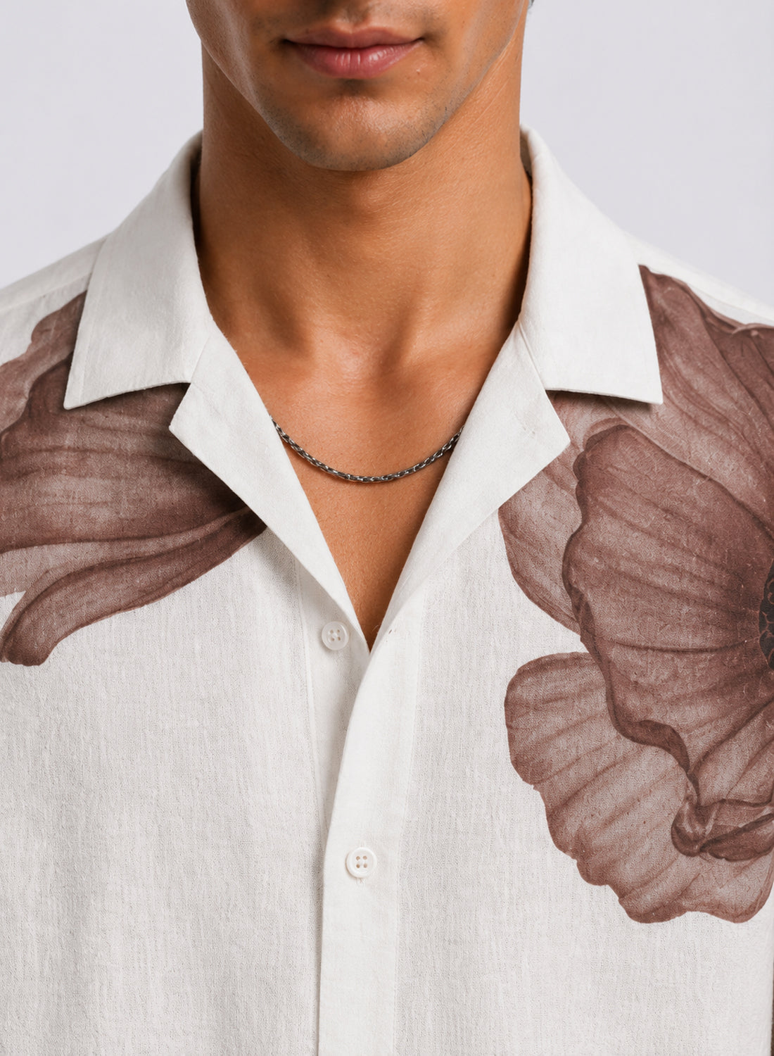 Adro Men’s Relaxed Fit Cuban Collar Cotton Linen Sepia Petal Printed Shirt – Off White Brown