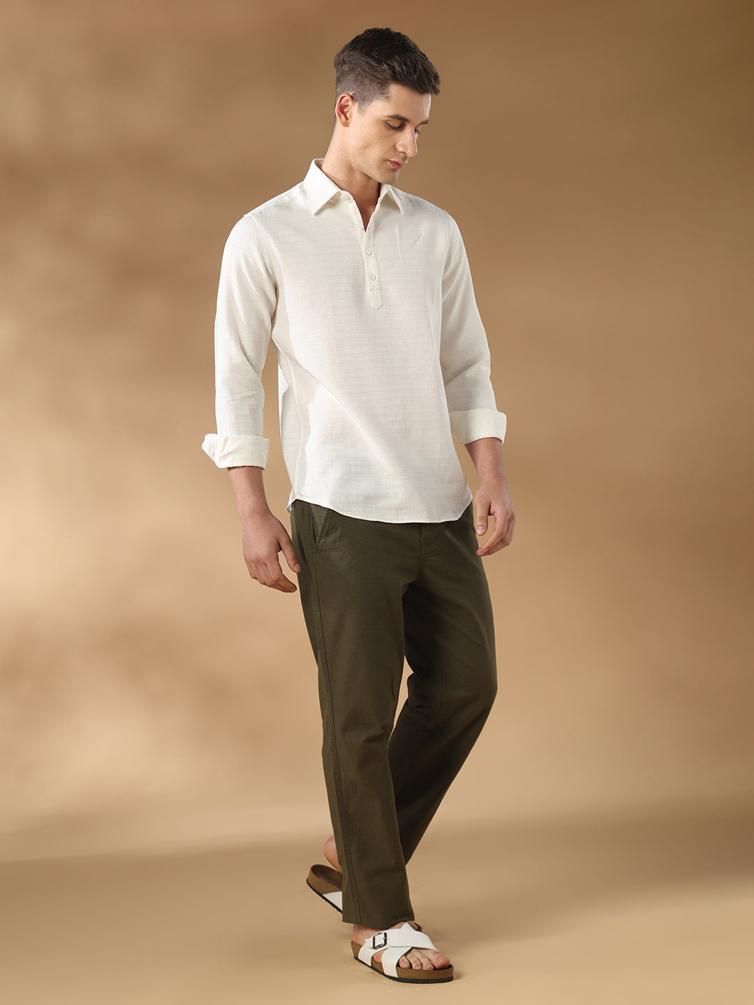 Off White Regular Fit Casual Linen Blend Shirt for men (DAFEN)