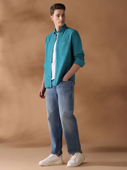 Teal Blue Regular Fit Solid Casual Shirt for Men (OWEN)