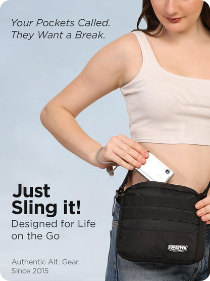 Woman slipping card into Supervek black "Messenger" bag, lightweight design for daily carry and quick access