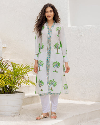 White Green Handblock kurta set