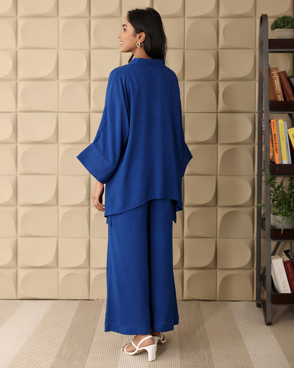 V-NECK BLUE RAYON CO-ORD SET