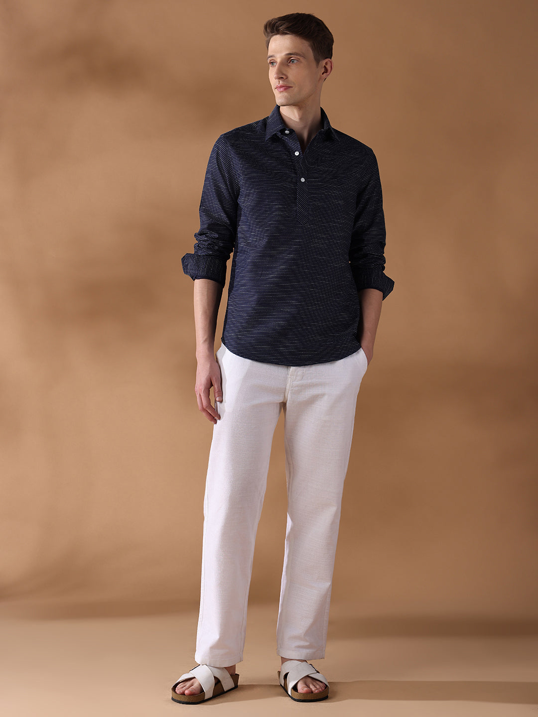 Navy Blue Regular Fit Stripes Casual Shirt for Men (LESSA)
