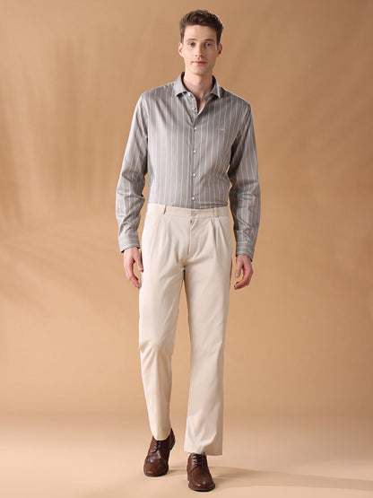 Grey Regular Fit Striped Formal Shirt for Men (FIANA)