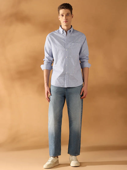 Blue Regular Fit Stripes Formal Shirt for Men (OVULO)