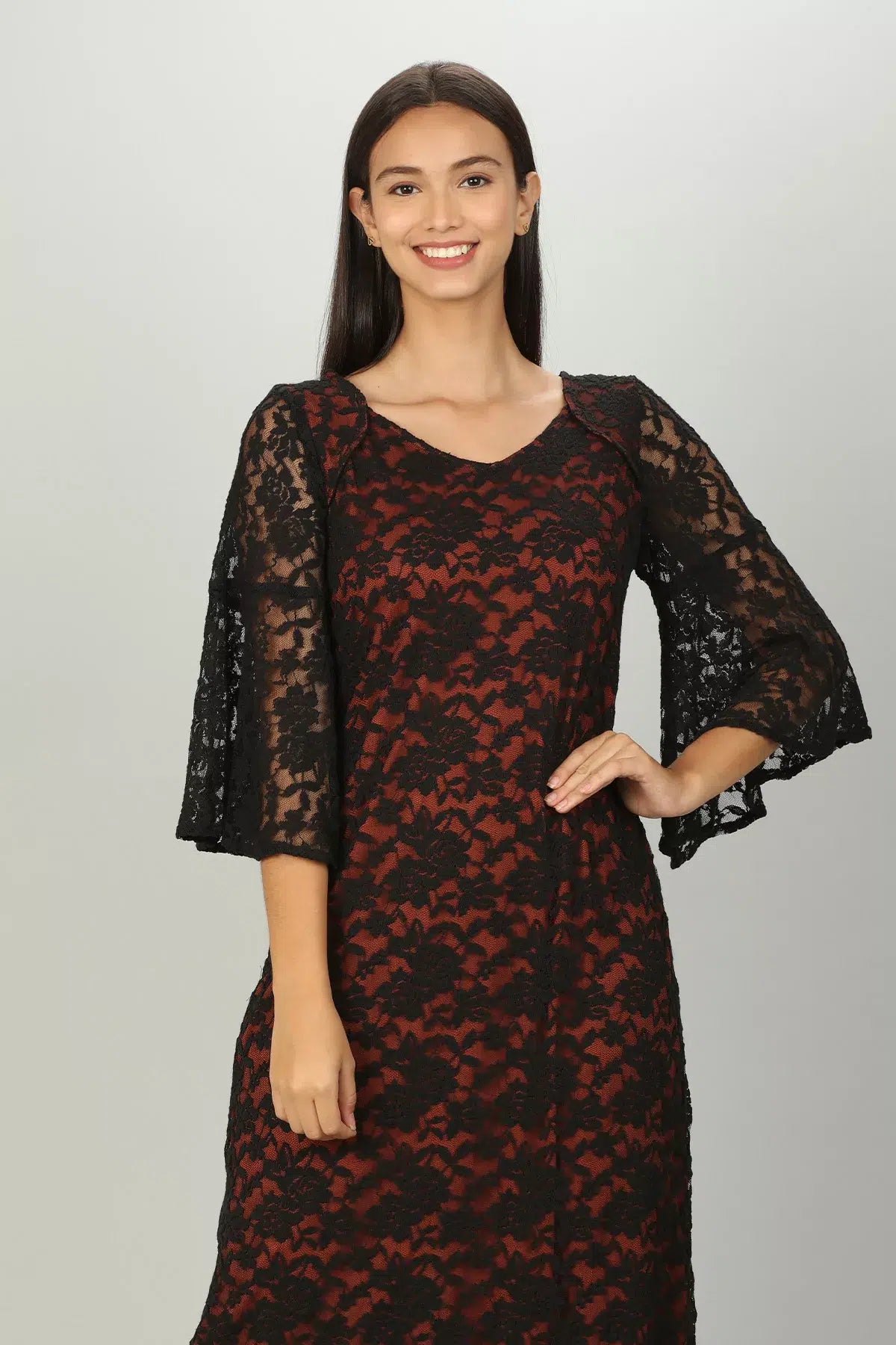 Black V neck Lace Aline Dress