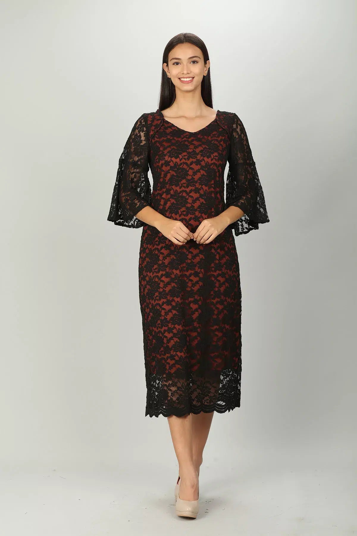 Black V neck Lace Aline Dress
