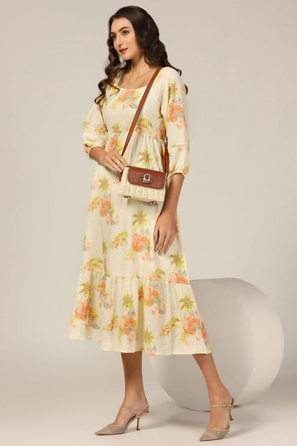 Cream Square Print Bubble Crepe Dress