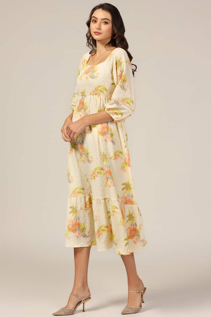Cream Square Print Bubble Crepe Dress