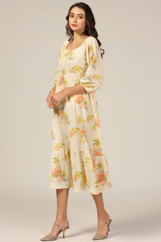 Cream Square Print Bubble Crepe Dress