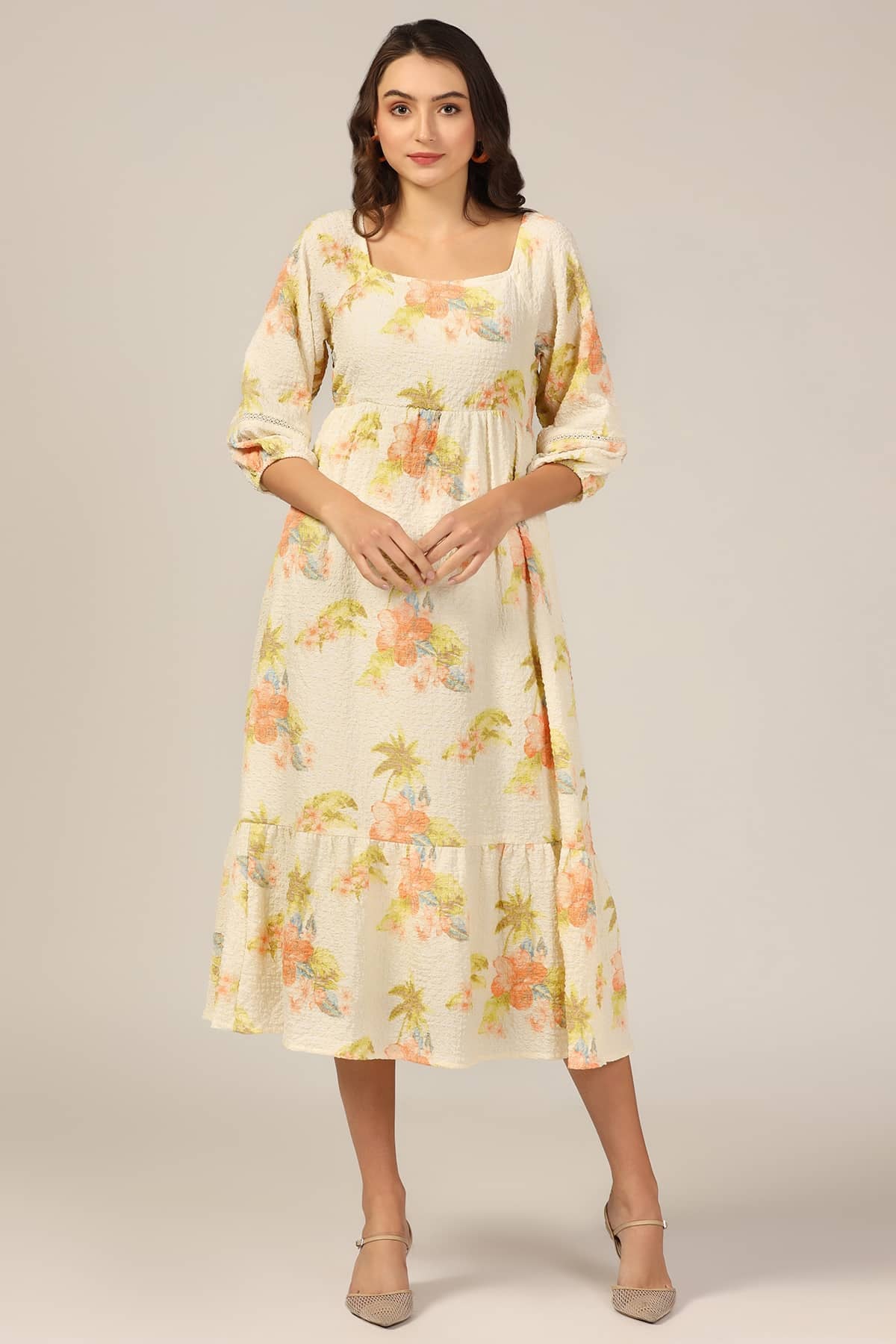 Cream Square Print Bubble Crepe Dress
