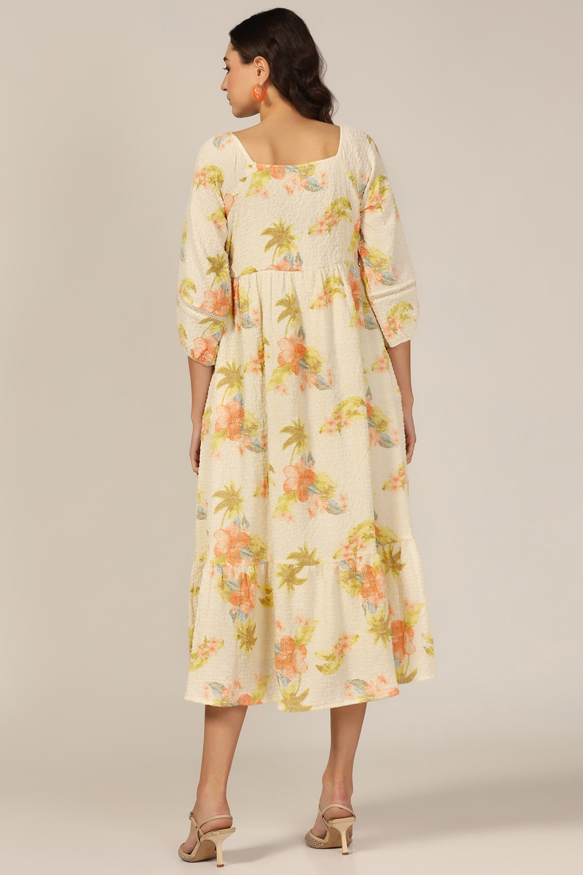 Cream Square Print Bubble Crepe Dress