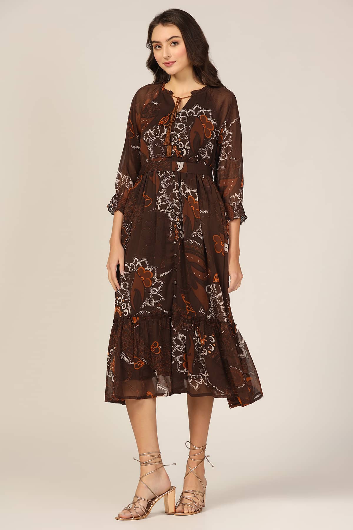 Brown Chiffon Printed Dress