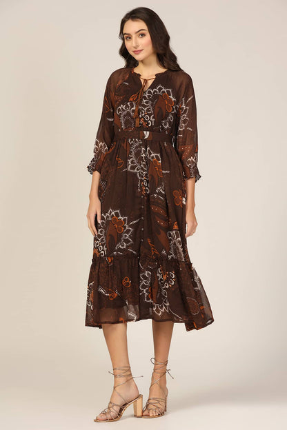 Brown Chiffon Printed Dress