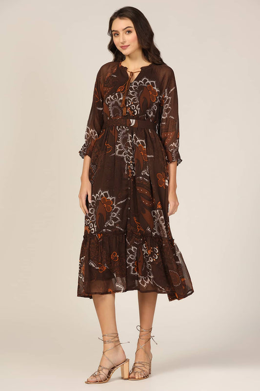 Brown Chiffon Printed Dress