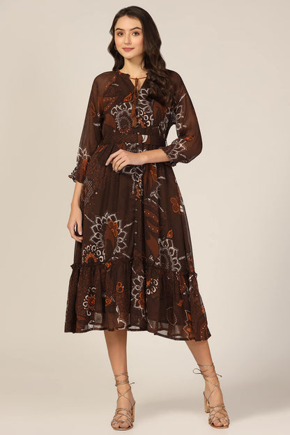 Brown Chiffon Printed Dress