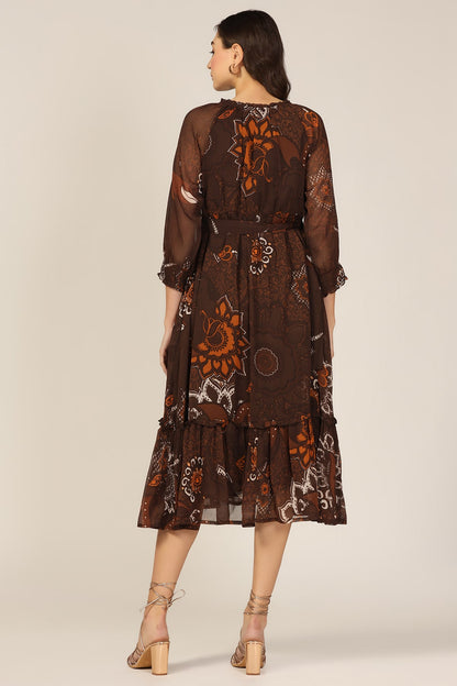 Brown Chiffon Printed Dress