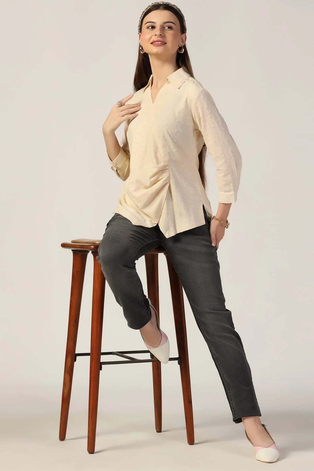 Beige Embroidered Cotton Top with Collar