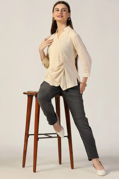 Beige Embroidered Cotton Top with Collar