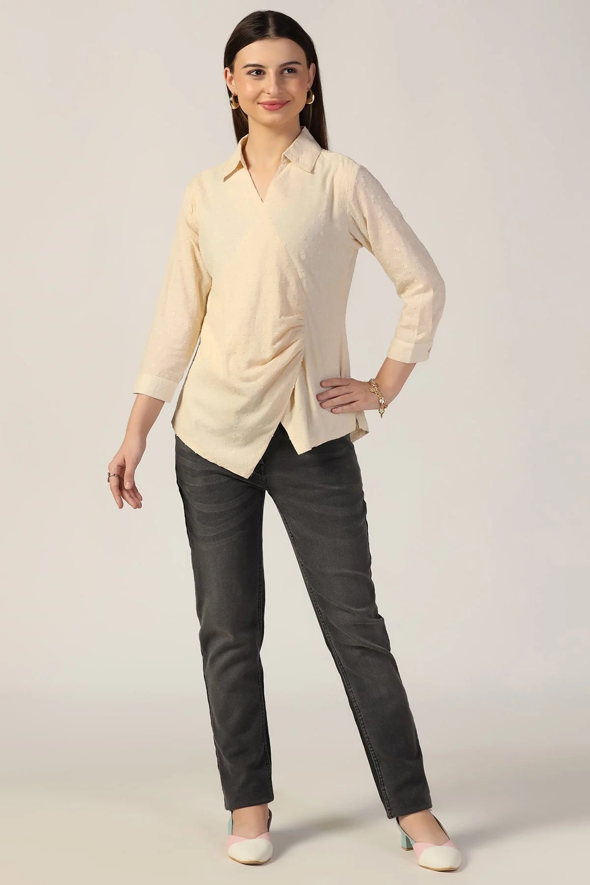 Beige Embroidered Cotton Top with Collar