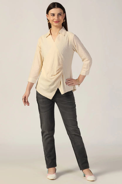 Beige Embroidered Cotton Top with Collar