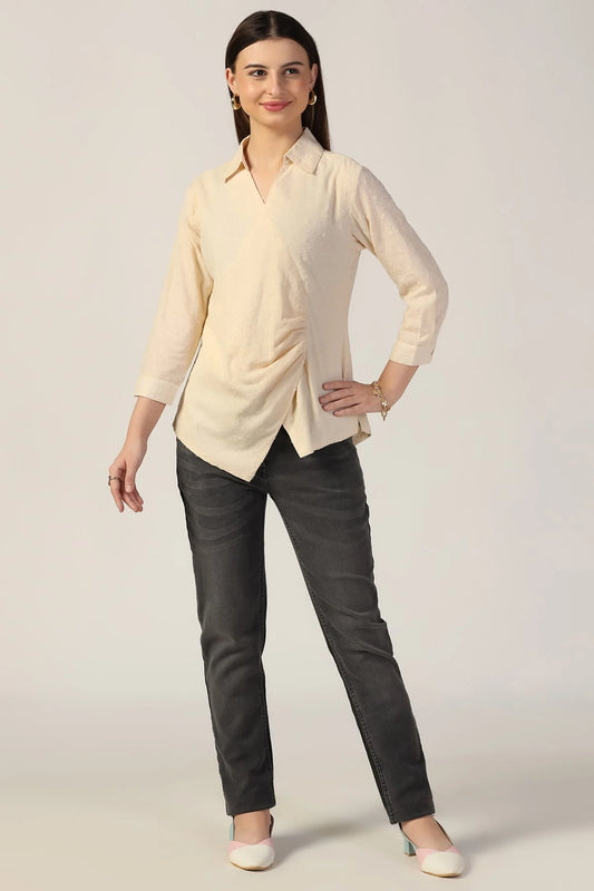Beige Embroidered Cotton Top with Collar