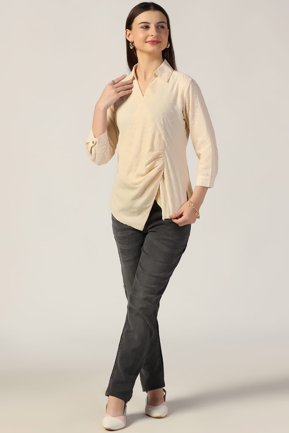 Beige Embroidered Cotton Top with Collar