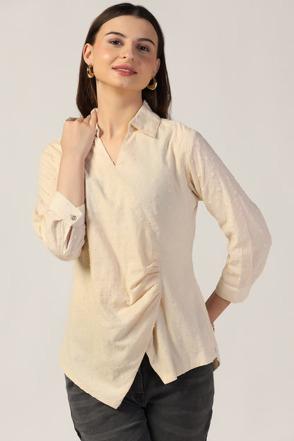 Beige Embroidered Cotton Top with Collar