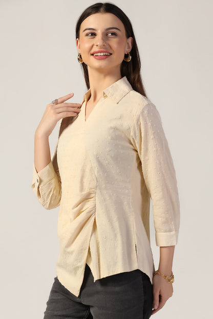 Beige Embroidered Cotton Top with Collar