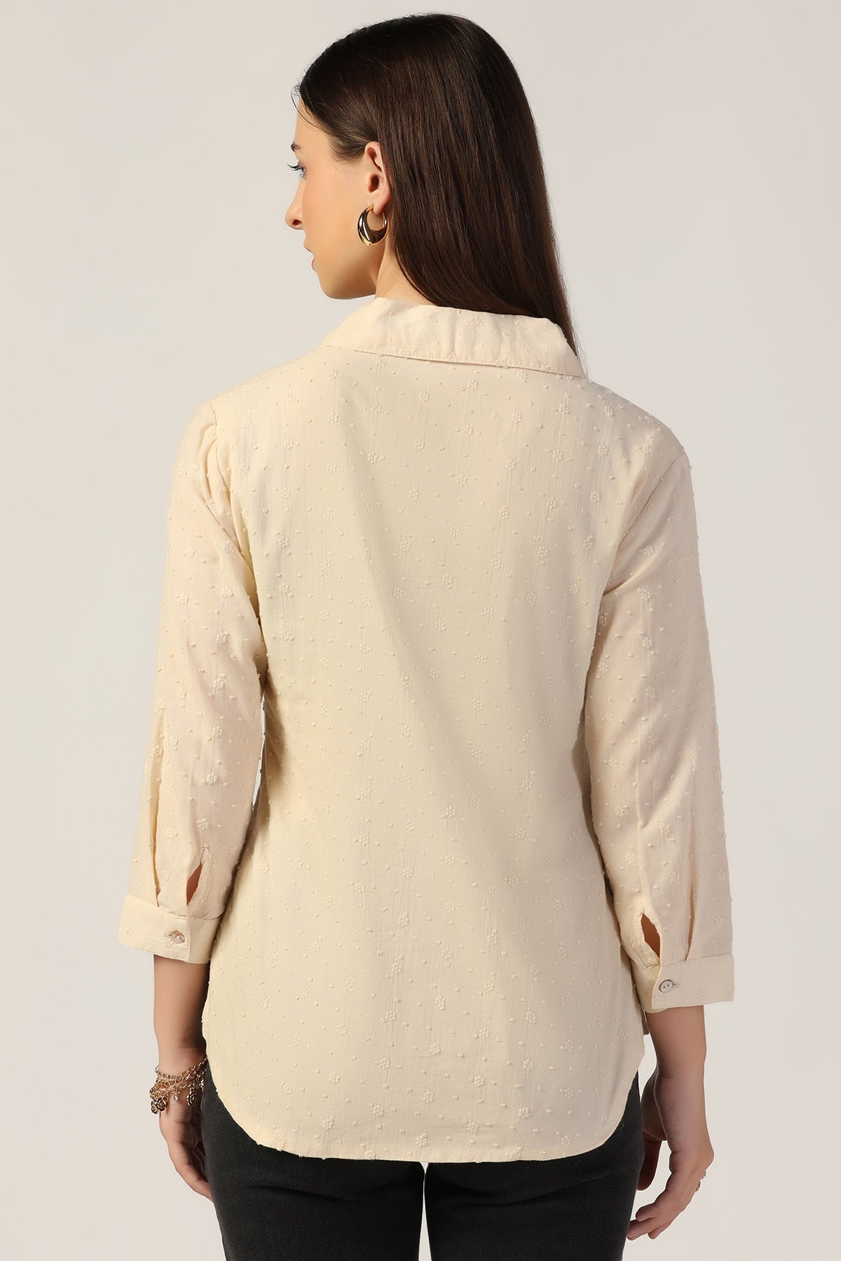 Beige Embroidered Cotton Top with Collar