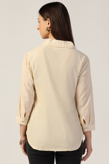 Beige Embroidered Cotton Top with Collar