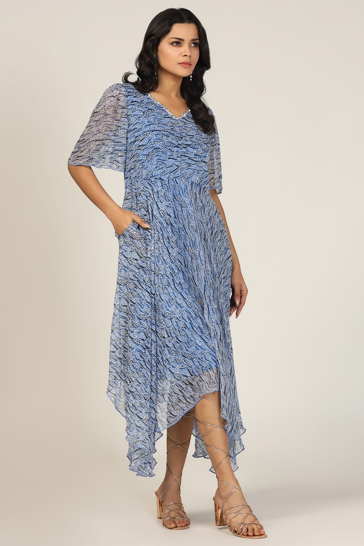 Blue Printed Georgette High-Low Dress