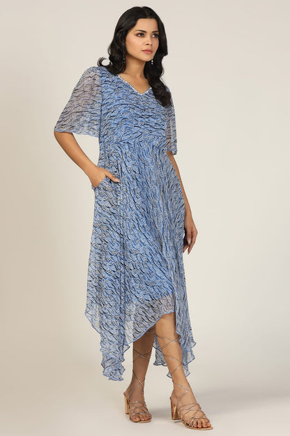 Blue Printed Georgette High-Low Dress