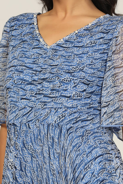 Blue Printed Georgette High-Low Dress