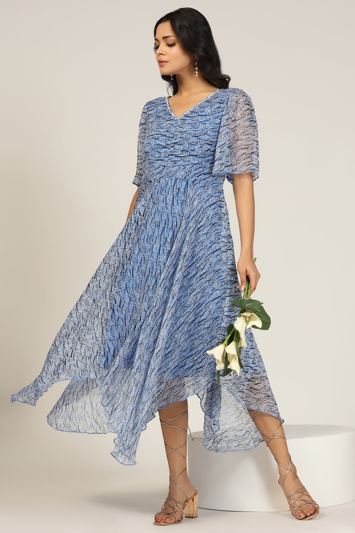 Blue Printed Georgette High-Low Dress