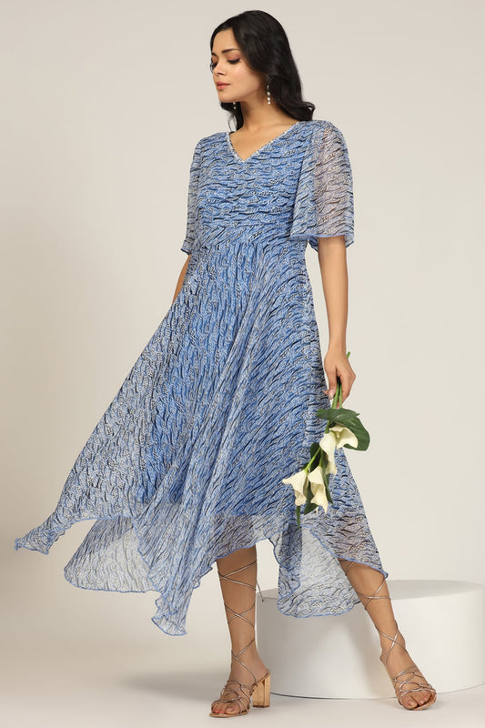 Blue Printed Georgette High-Low Dress