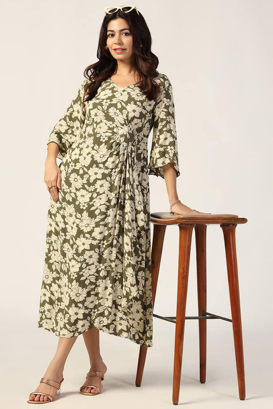 Olive Green & Beige Rayon Crepe Printed Dress