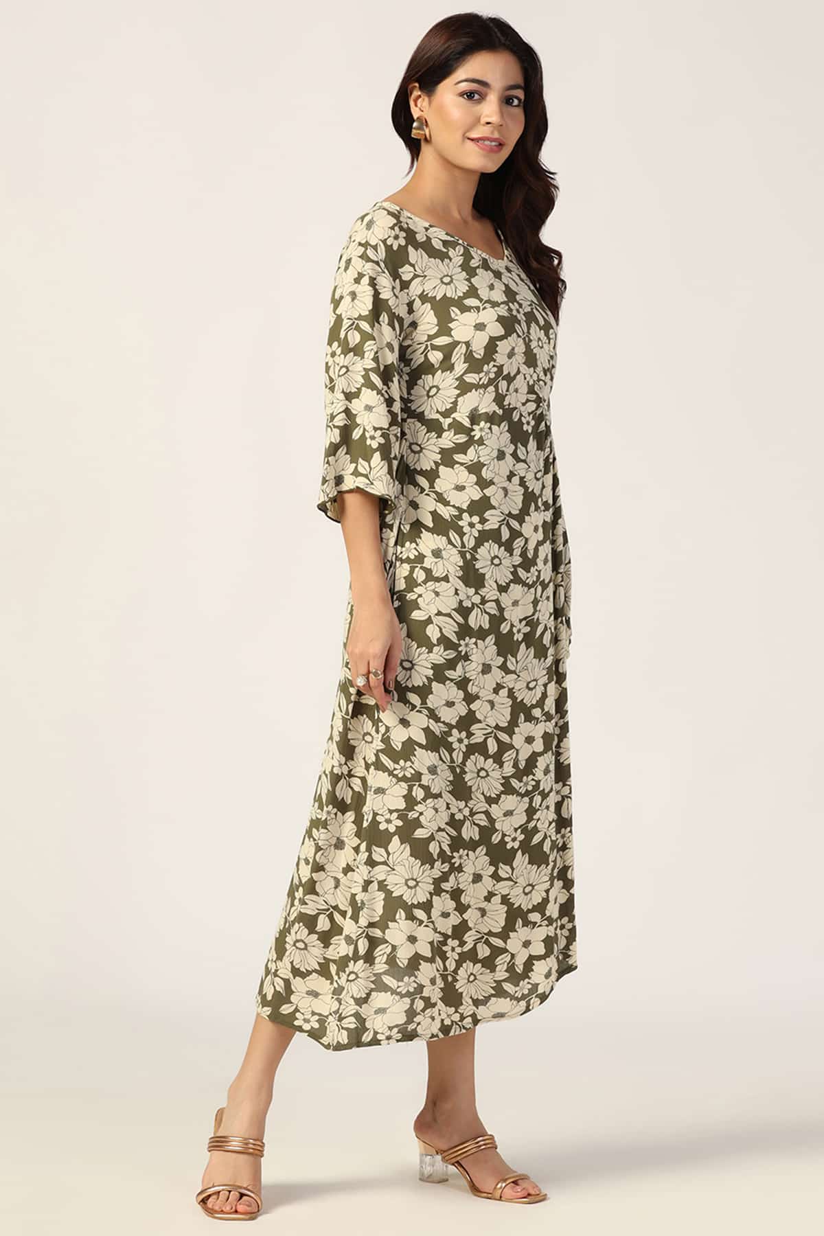Olive Green & Beige Rayon Crepe Printed Dress