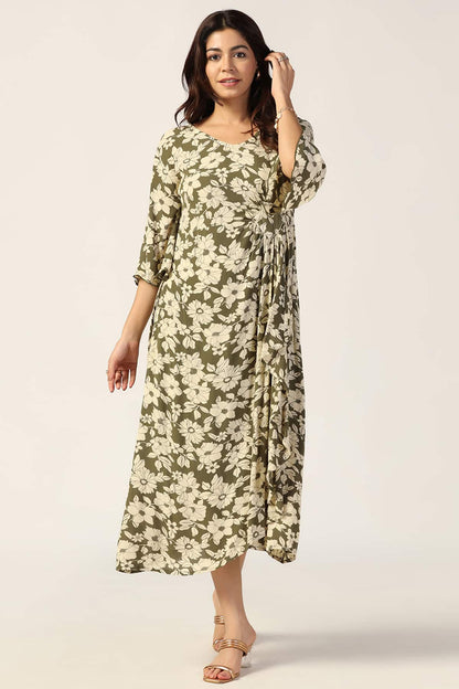 Olive Green & Beige Rayon Crepe Printed Dress