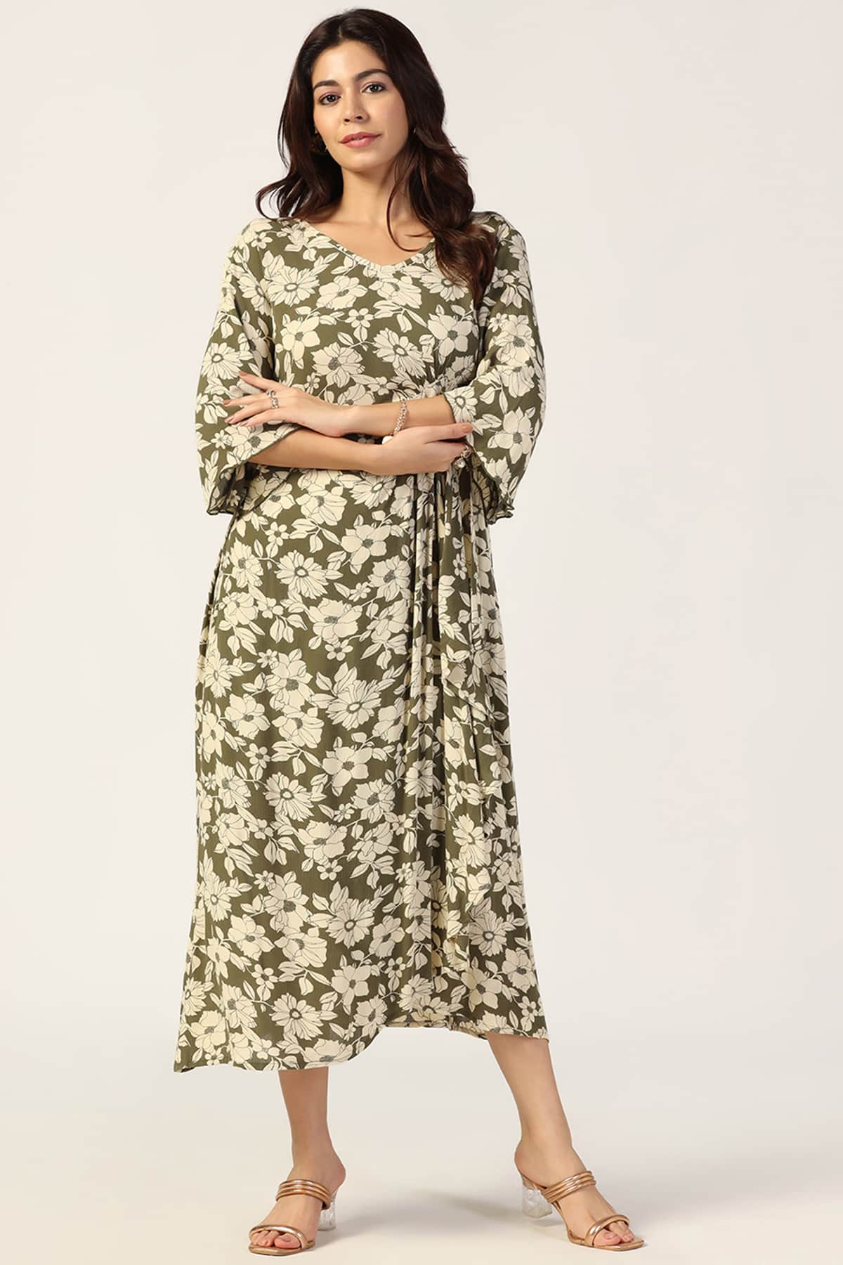 Olive Green & Beige Rayon Crepe Printed Dress