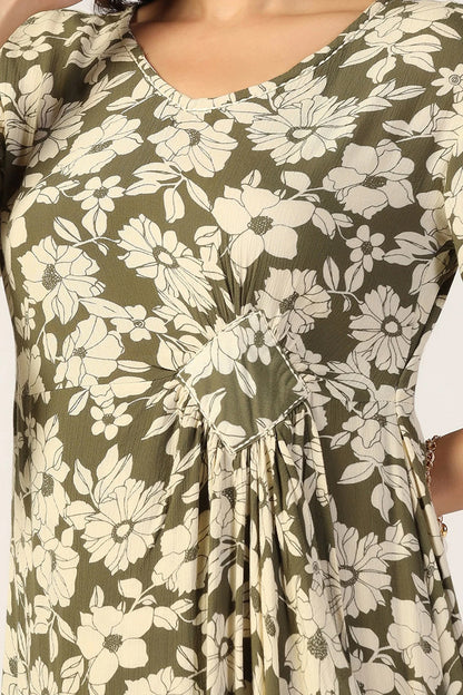 Olive Green & Beige Rayon Crepe Printed Dress
