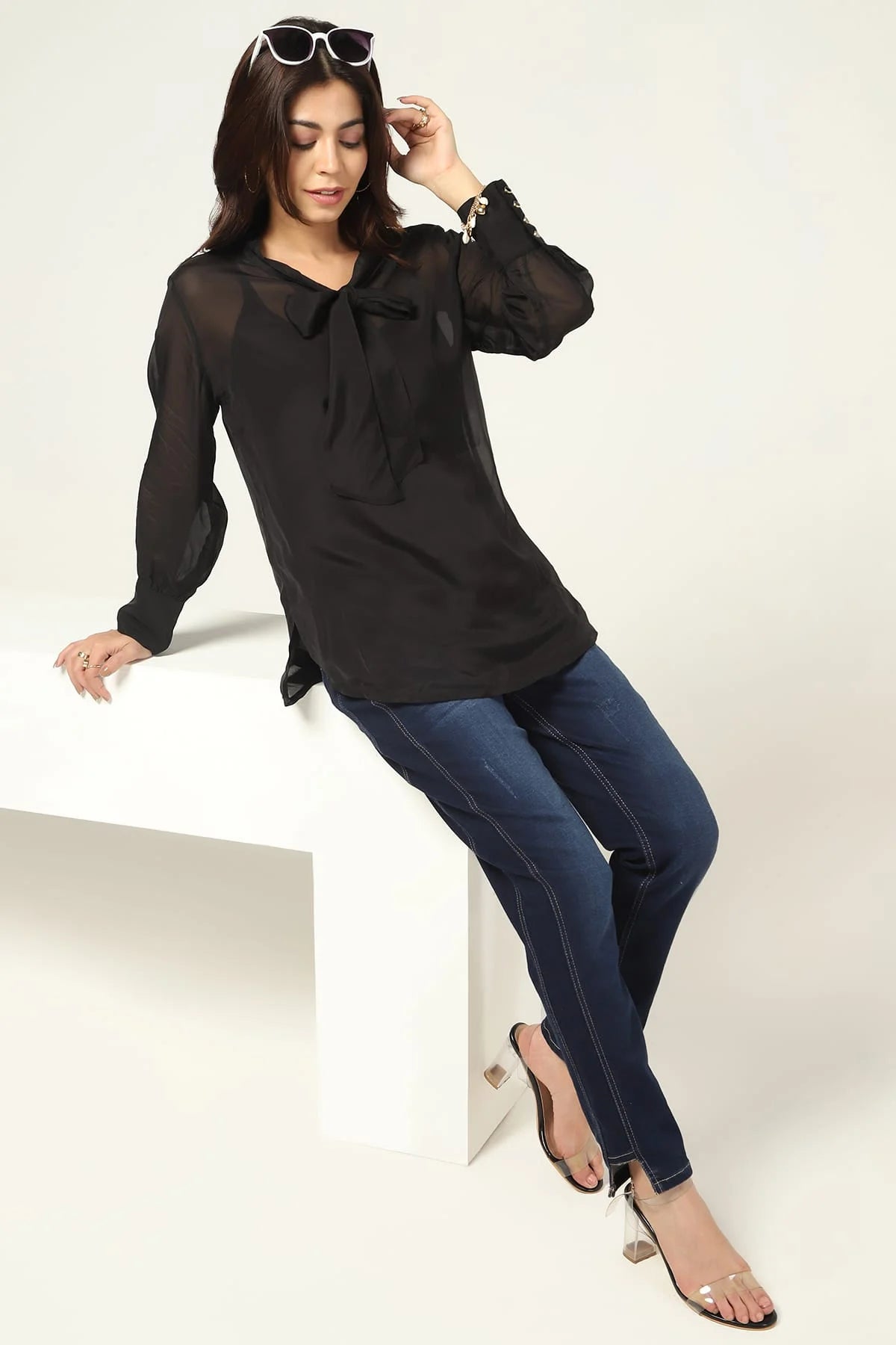 Black Organza Casual Top with String Tie