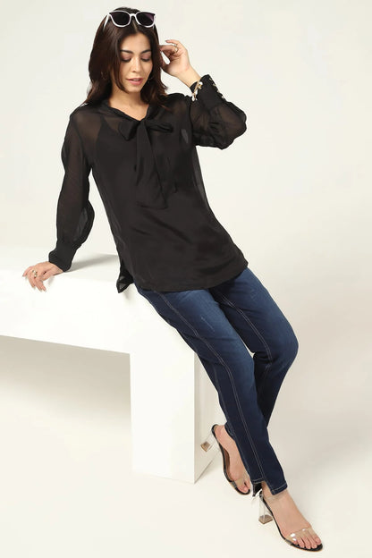 Black Organza Casual Top with String Tie