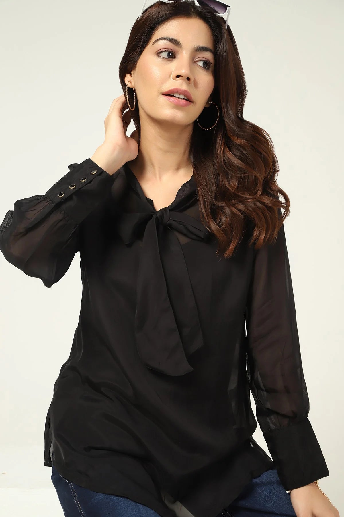 Black Organza Casual Top with String Tie