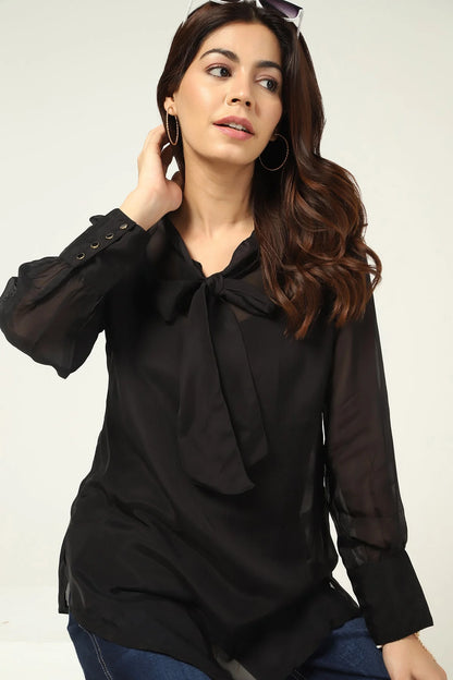 Black Organza Casual Top with String Tie