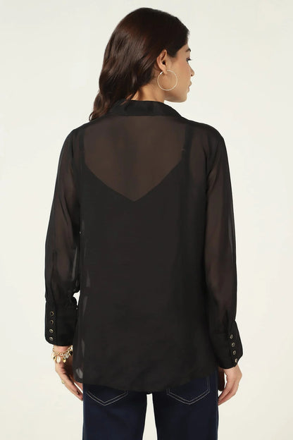 Black Organza Casual Top with String Tie