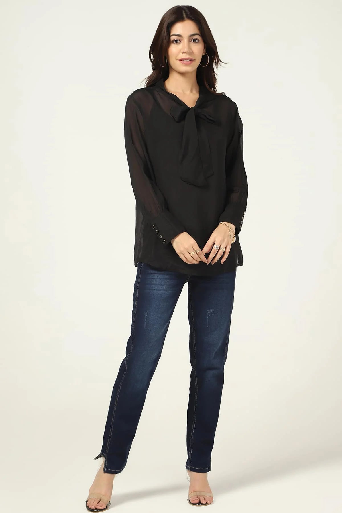 Black Organza Casual Top with String Tie