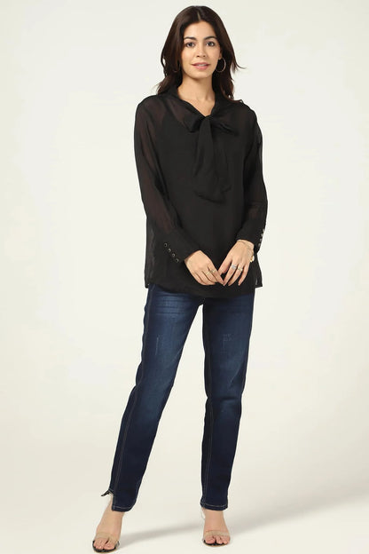 Black Organza Casual Top with String Tie